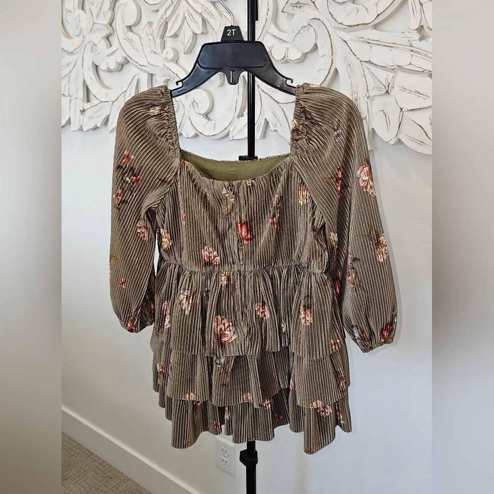 NWT GB Girls Floral Tiered Dress - Olive and Pink Size 2T